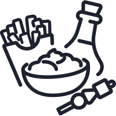 Sides & sauces category icon – fries, dip bowl, sauce bottle and skewer
